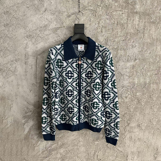 casablanca monogram jacquard wool zip-up jacket